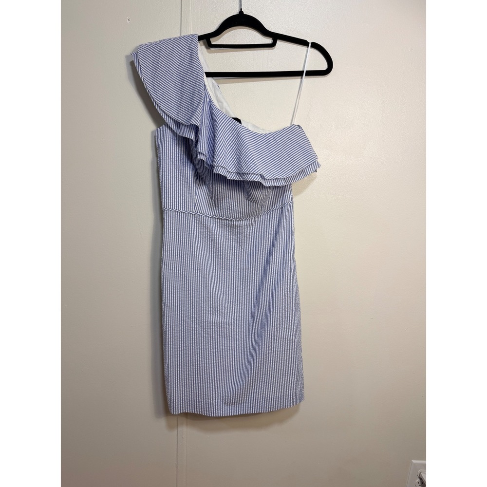 NWT J.Crew One Shoulder Ruffle Seersucker Dress Blue White Stripe G4674 Tall 6T